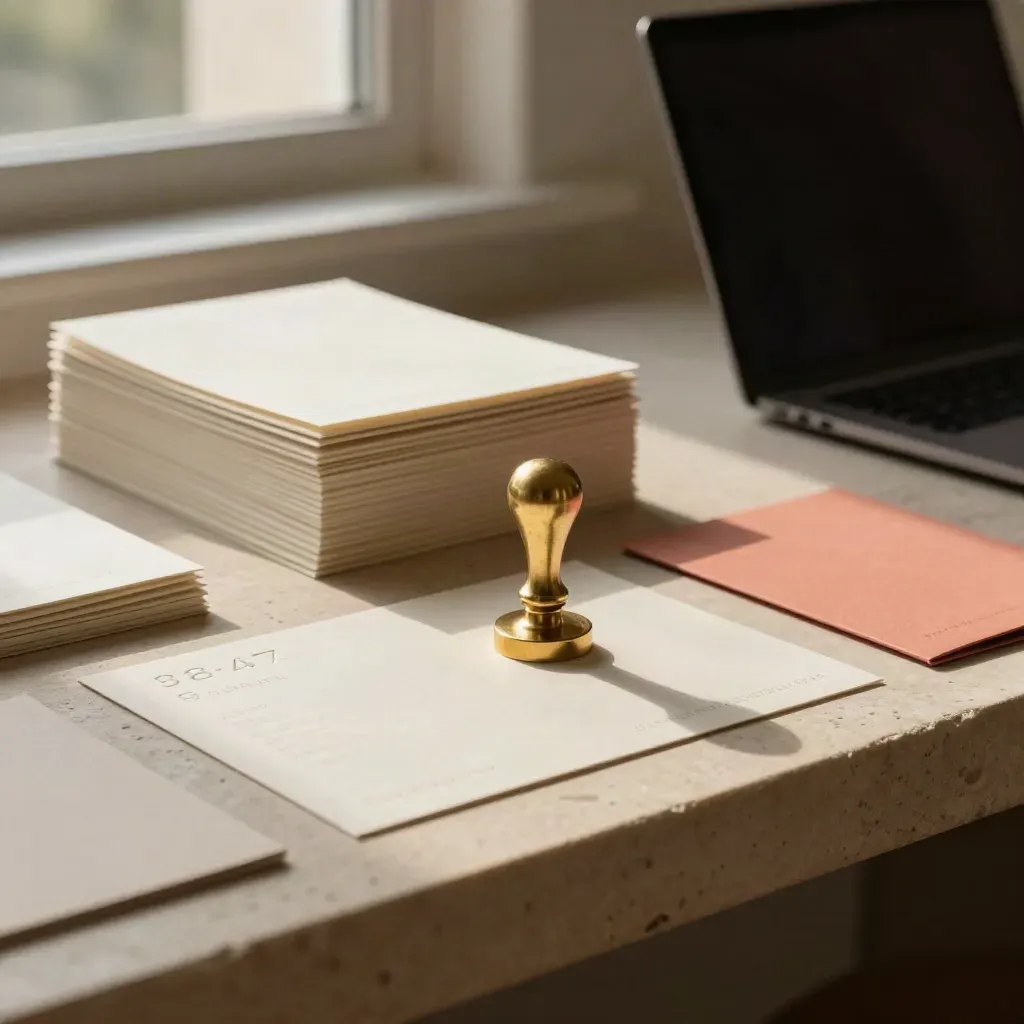 Mesa de estudio cinematográfica con papeles crema, sello de latón, mockups y portátil oscuro bajo luz dorada.
