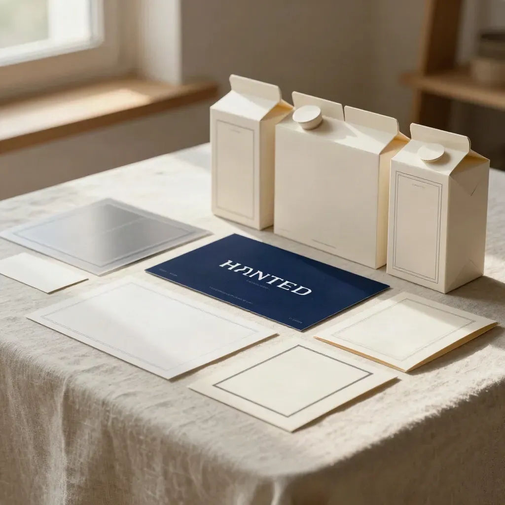 Mockups premium de packaging y naming sobre lino, con luz cálida y tonos neutros.