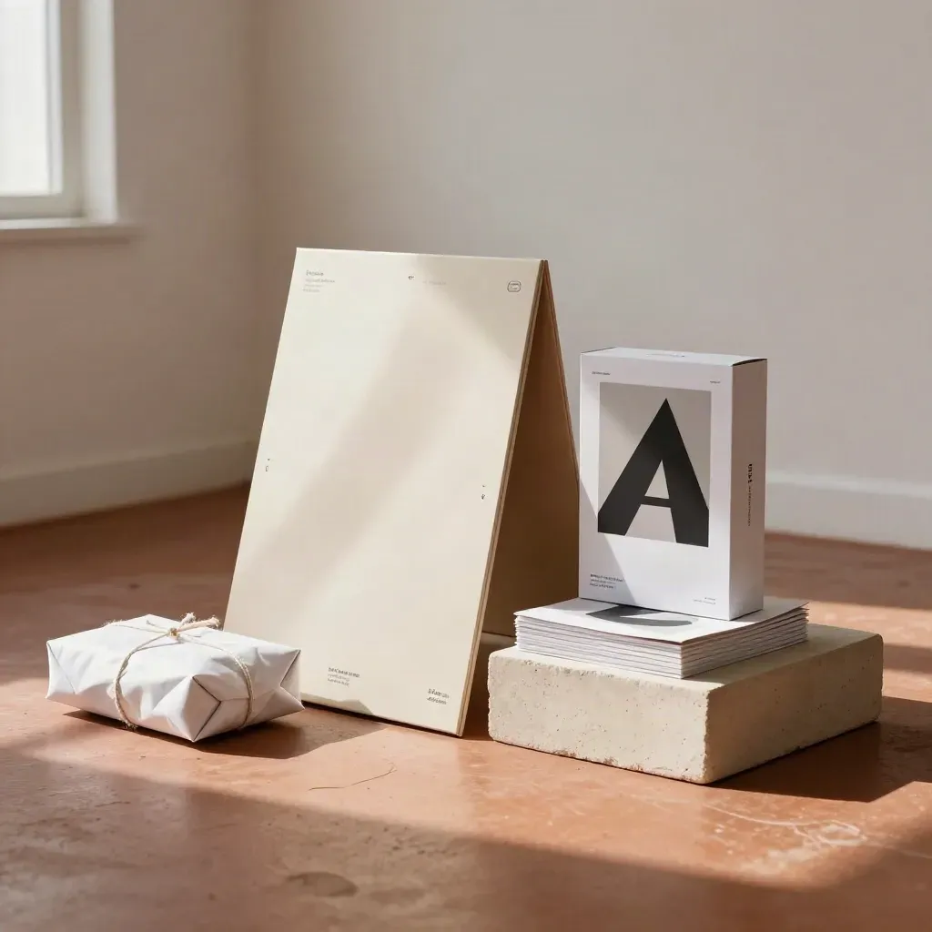 Kit de campaña de lanzamiento con paneles, paquete precintado y peana en un estudio cálido.