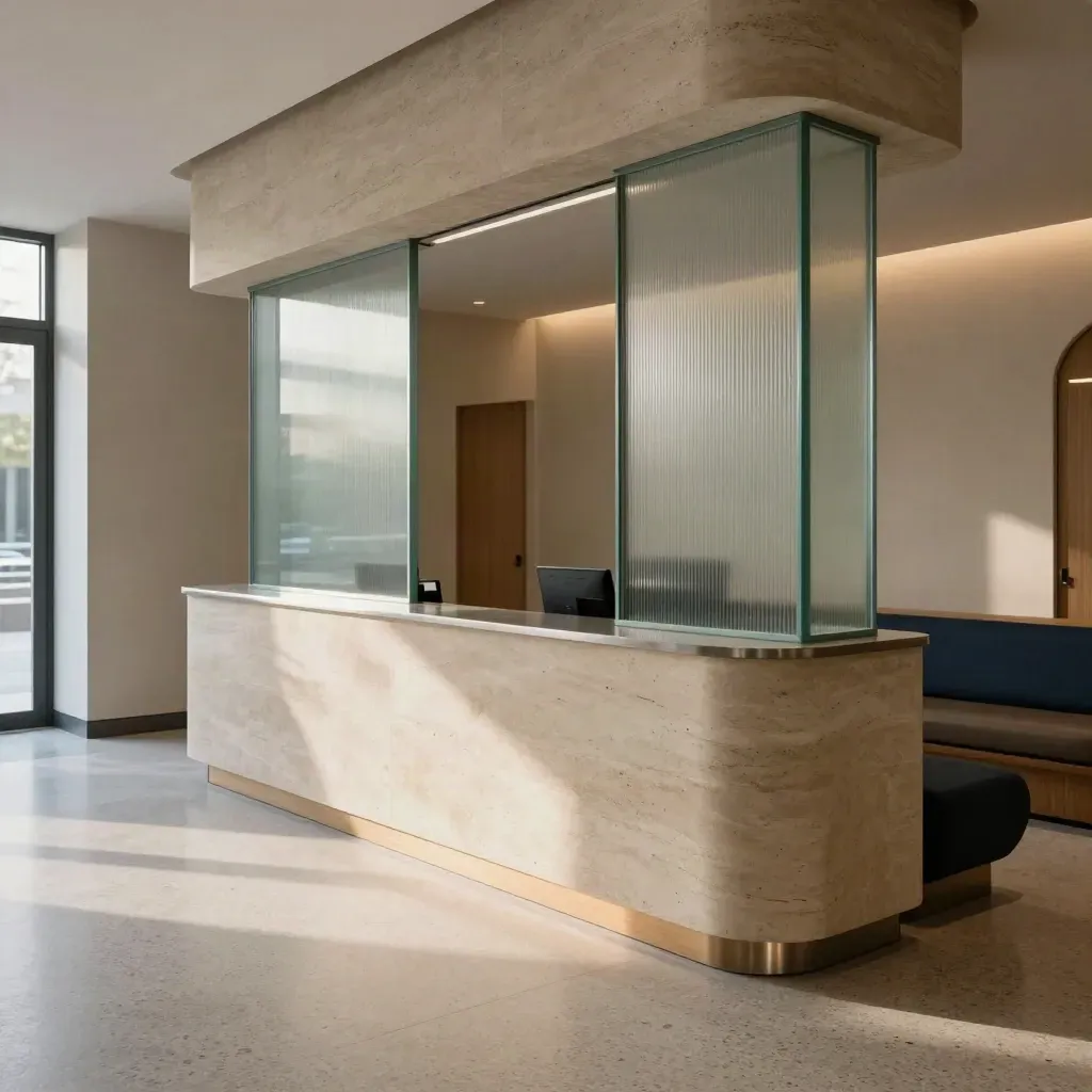 Lobby de clínica recién terminada con recepción de piedra, vidrio esmerilado y luz suave de mañana.