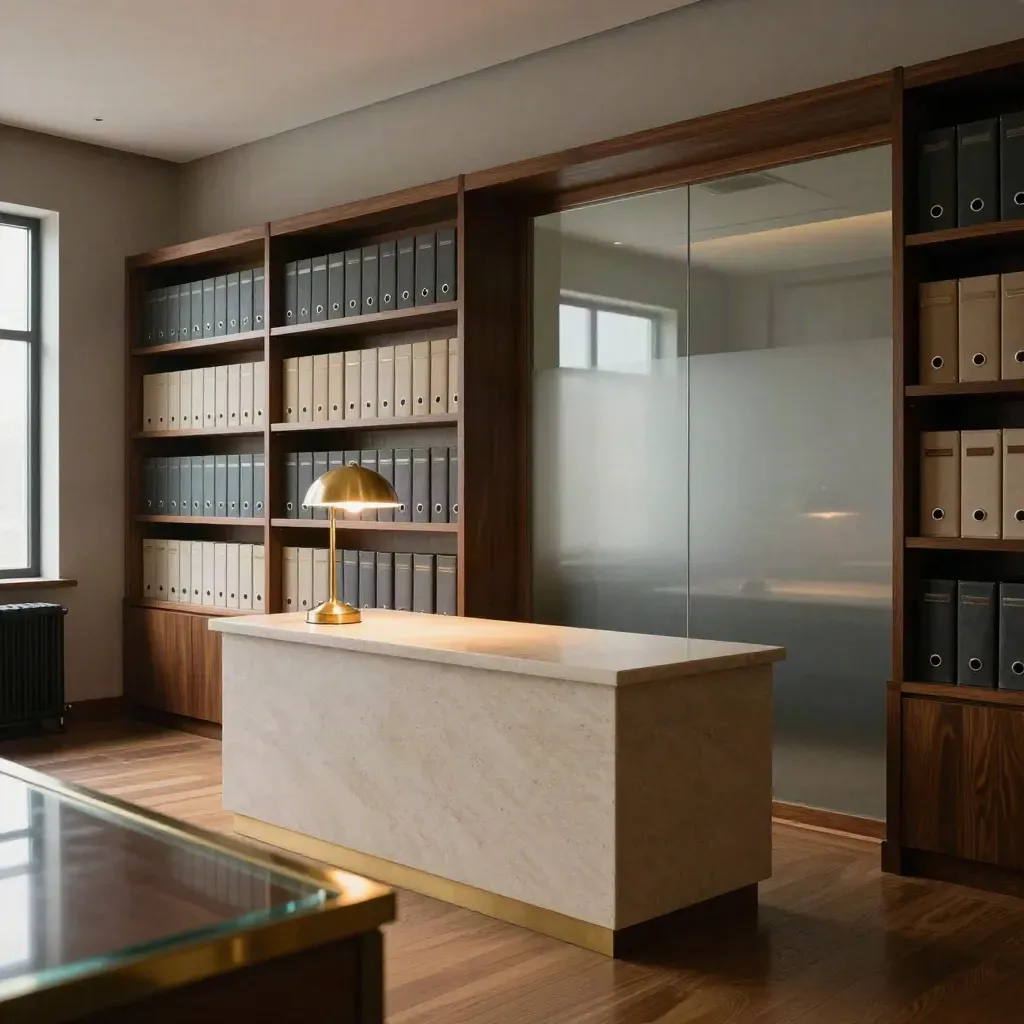 Estudio legal elegante con estanterías de madera, archivadores y sala de cristal.