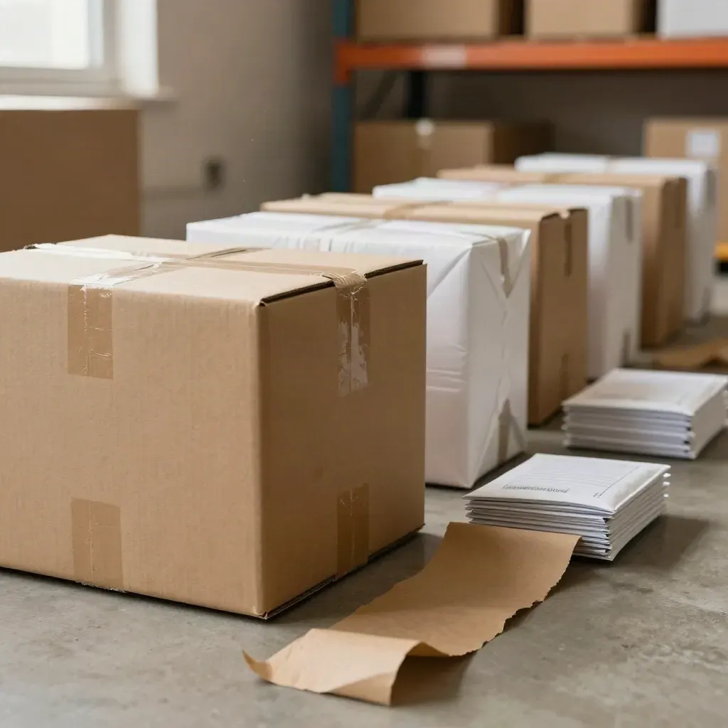 Paquetes de e-commerce listos para enviar, con papel de seda y luz cálida de almacén.