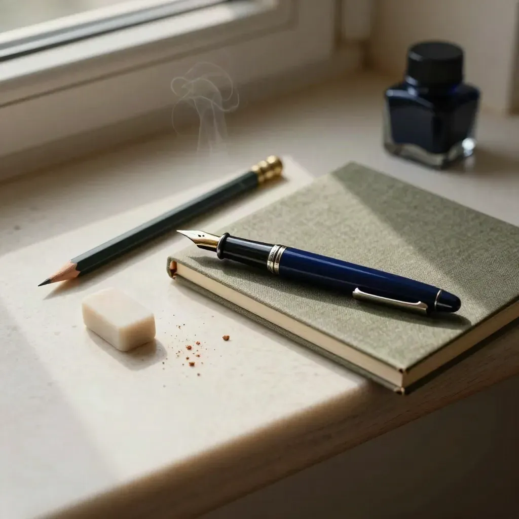 Kit de escritura con pluma, lápiz, cuaderno de lino y café sobre travertino.