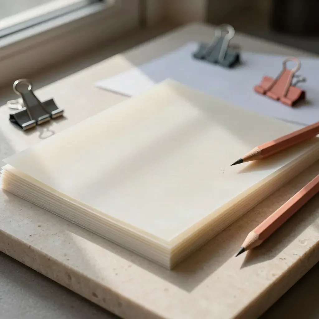 Láminas de acetato, lápiz y clips de maquetación sobre piedra clara con luz suave.