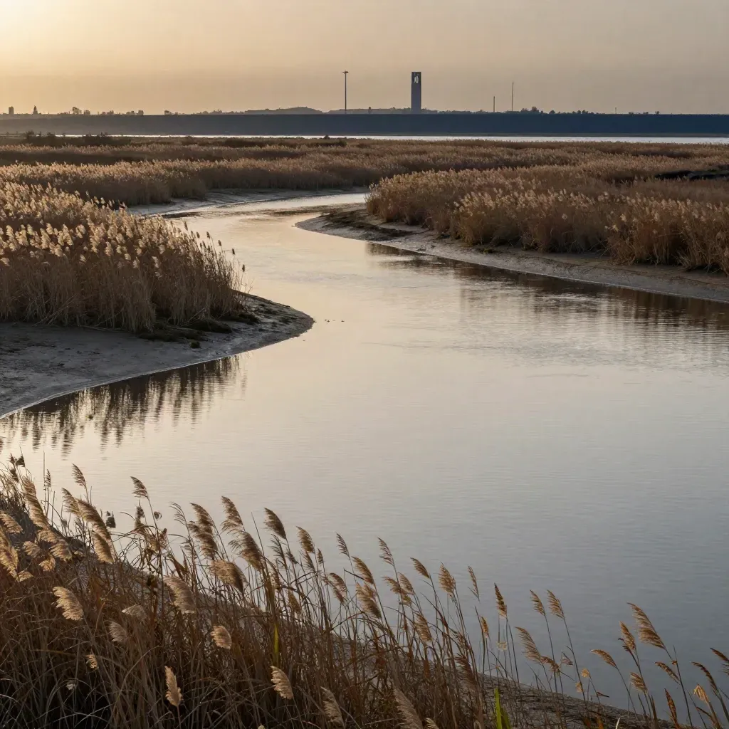 Marjal valenciano al atardecer con agua lisa, cañas y arquitectura lejana en la niebla