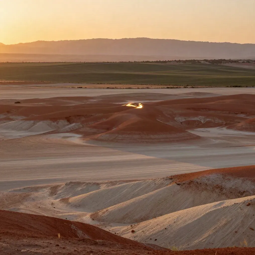 Meseta española de piedra ocre al atardecer, con niebla cálida y espacio limpio para texto.