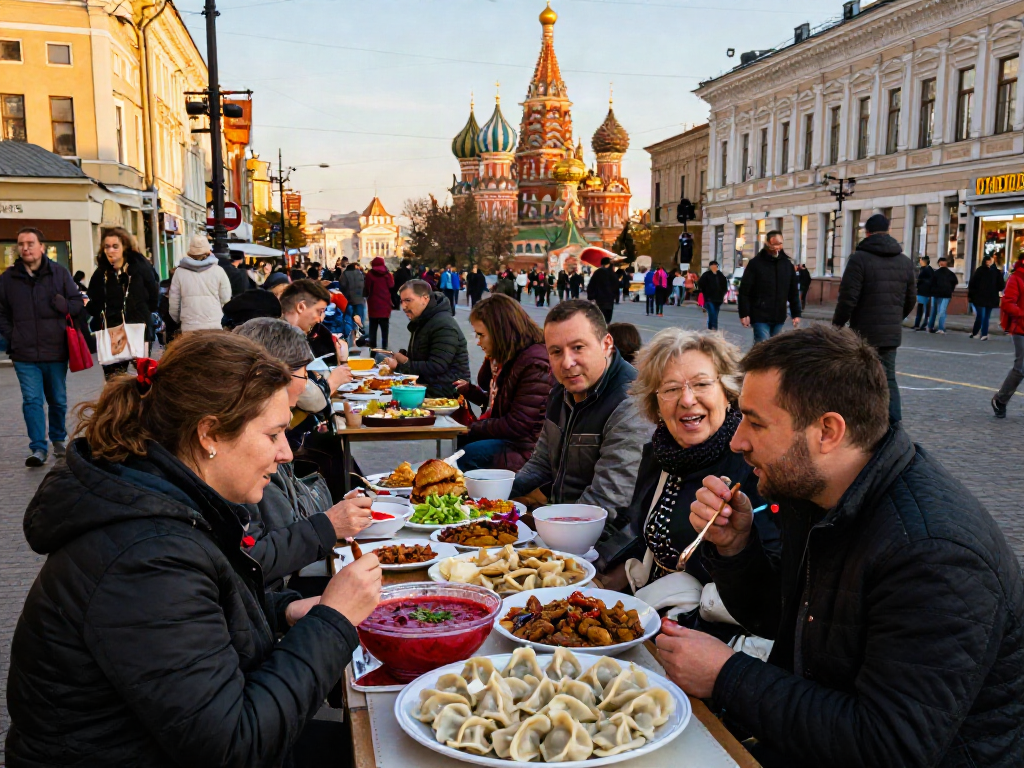 Disfrutando la comida local en Rusia con https://payinrussia.com/ y platos tradicionales en un vibrante puesto callejero.